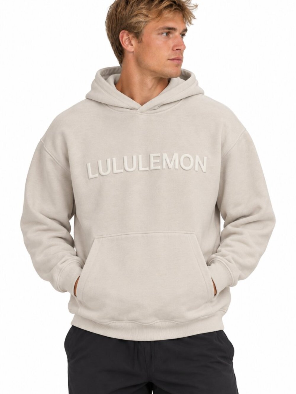 Lululemon Steady State Hoodie Raised Logo Graphic Mens M Cream Ivory Pullover